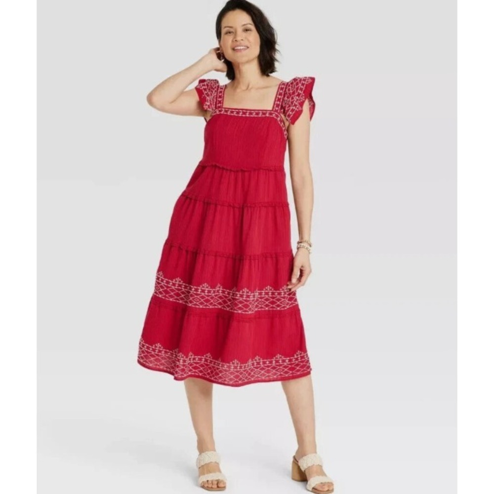 Knox Rose Womens Red Embroidered‎ Tiered Midi Dress Sz M Prairie Boho Cottage